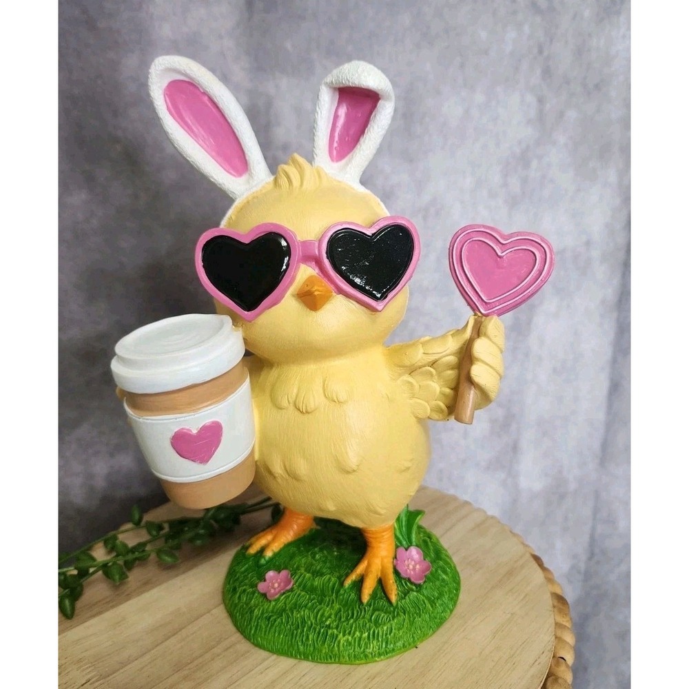 Easter Spring Chick Bunny Pink Heart Sunglasses Figurine Tabletop Decor 9.5" NEW